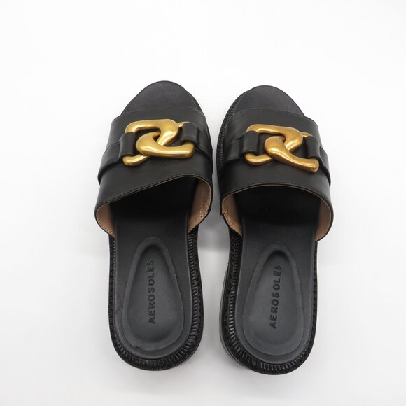 Aerosoles Lima Leather Slide Sandals With Gold Chain Detail Black Size 8M NEW - Picture 7 of 7